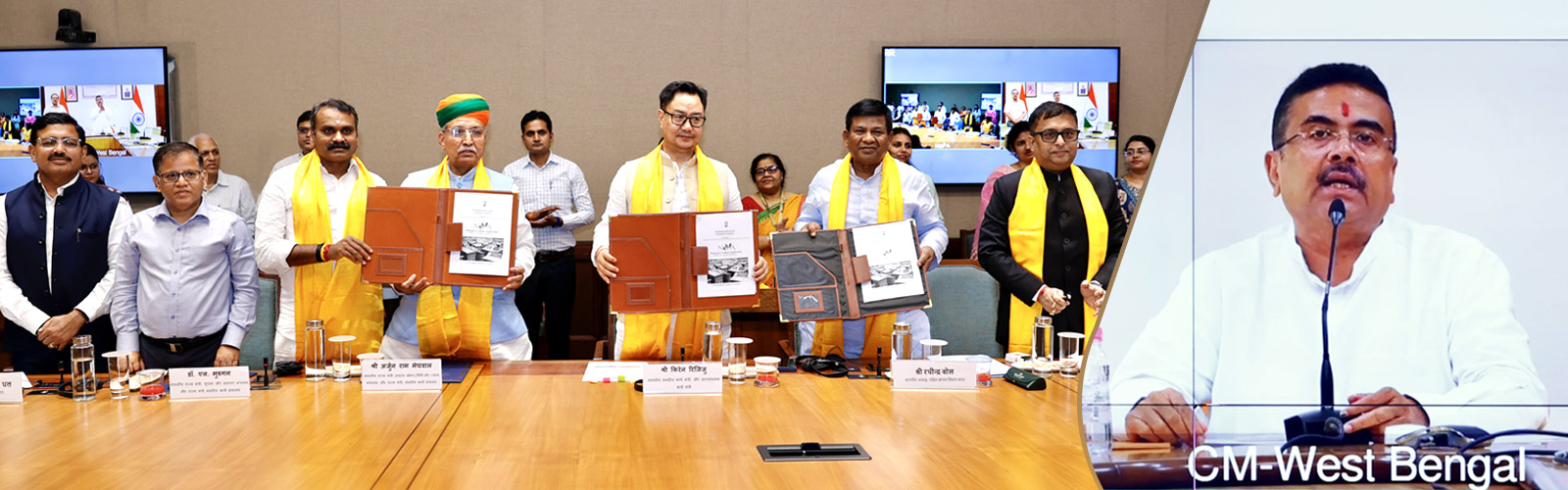 Dr. Satya Prakash, Addl. Secy, MoPA, GoI, signed MoU with Shri Soumendra Nath Das, Principal Secretary, West Bengal Legislative Assembly, for implementation of NeVA Project in the West Bengal Assembly, in the august presence of Shri Kiren Rijiju, Hon’ble Minister for Ministry of Parliamentary Affairs; Shri Arjun Ram Meghwal, Hon’ble Minister of State in the Ministry of Parliamentary Affairs; Dr. L. Murugan, Hon’ble Minister of State in the Ministry of Parliamentary Affairs; Shri Suvendu Adhikari, Hon’ble Chief Minister of West Bengal and Shri Nikunja Bihari Dhal, Secretary, Ministry of Parliamentary Affairs, on 4th June, 2026.